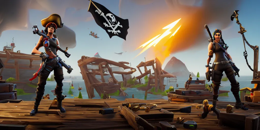 Prompt: A screenshot of a fortnite pirate standing on the front of the ghost ship with the black Jolly Roger flag, in Fortnite, extremely detailed, pirate portrait, fantasy art overwatch and heartstone, cgsociety, artstation hq, octane render, 8k, Unreal Engine, 4K UHD, RTX, DLSS,