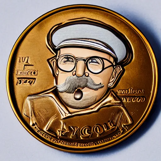 Prompt: A photograph of a delicious unwrapped chocolate coin which is engraved with a portrait of leon redbone circa 1975, smoking a cigar and wearing a greek fisherman's cap, highly detailed, close-up product photo, depth of field, sharp focus, soft lighting