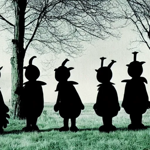 Prompt: gothic teletubbies. emo. disturbing. folk horror