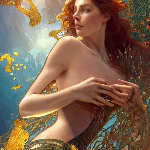 Prompt: Maud Lunenfeld full body underwater , intricate, elegant, highly detailed, digital painting, artstation, concept art, smooth, sharp focus, illustration, art by artgerm and greg rutkowski and alphonse mucha 4K IMAX hyperrealistic Salvador Dali renaissance painting very very very beautiful