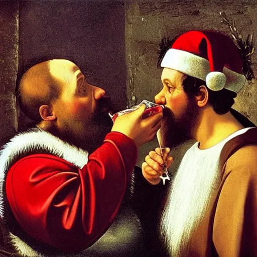 Prompt: Father Christmas drinking Coca Cola. Painted by Caravaggio