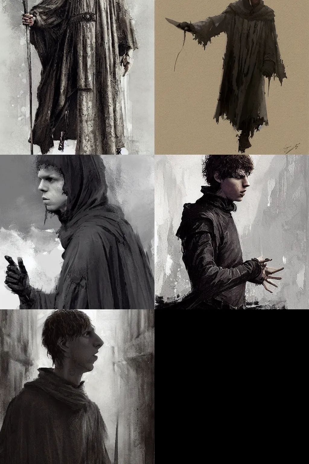 Prompt: Jesse Eisenberg as an enigmatic medieval christian ((monk)), dark shadows, high contrasts, concept art by Jakub Rozalski