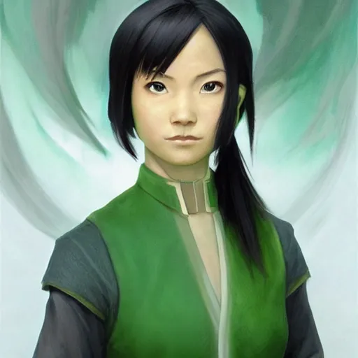 Image similar to Portrait of young Toph Beifong, blind, green dress, Avatar The Last Airbender, intricate, elegant, highly detailed, digital painting, artstation, concept art, smooth, sharp focus, illustration, art by artgerm and greg rutkowski and alphonse mucha and andrei riabovitchev