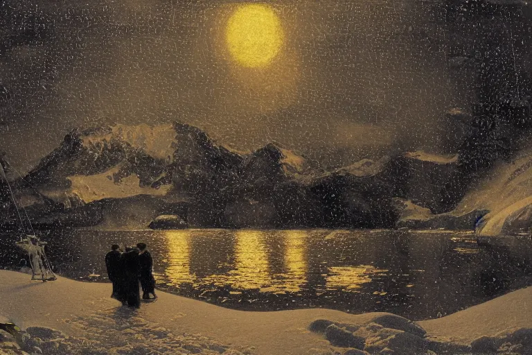 Prompt: painting of of antarctic at night, raining, romantic, by ludwig deutsch and maxfield parrish, patterned tilework, extremely detailed, cinematic lighting, smooth sharp focus