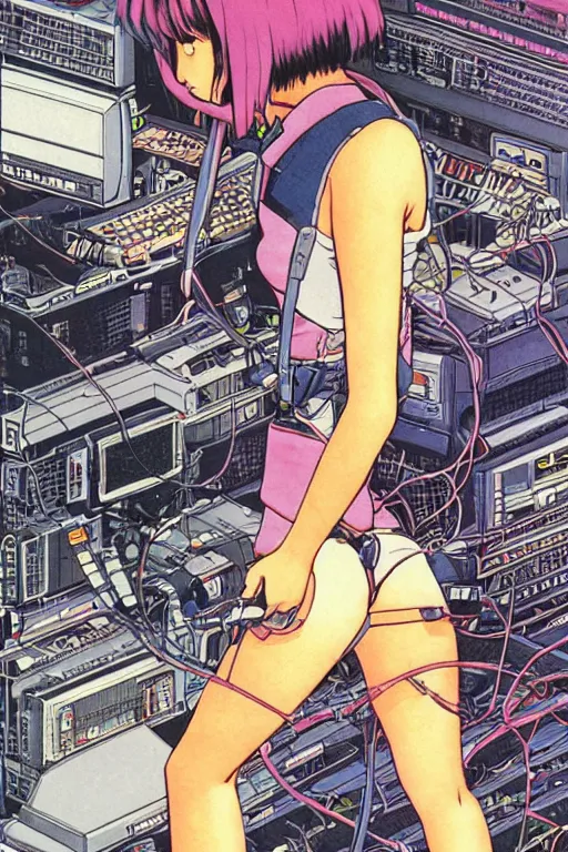 Image similar to an awe inspiring 1980s japanese cyberpunk anime style illustration of an android girl seated on the floor in a tech labor, seen from the side with her back open showing cables and wires coming out, by masamune shirow and katsuhiro otomo, studio ghibli color scheme, dark, complex