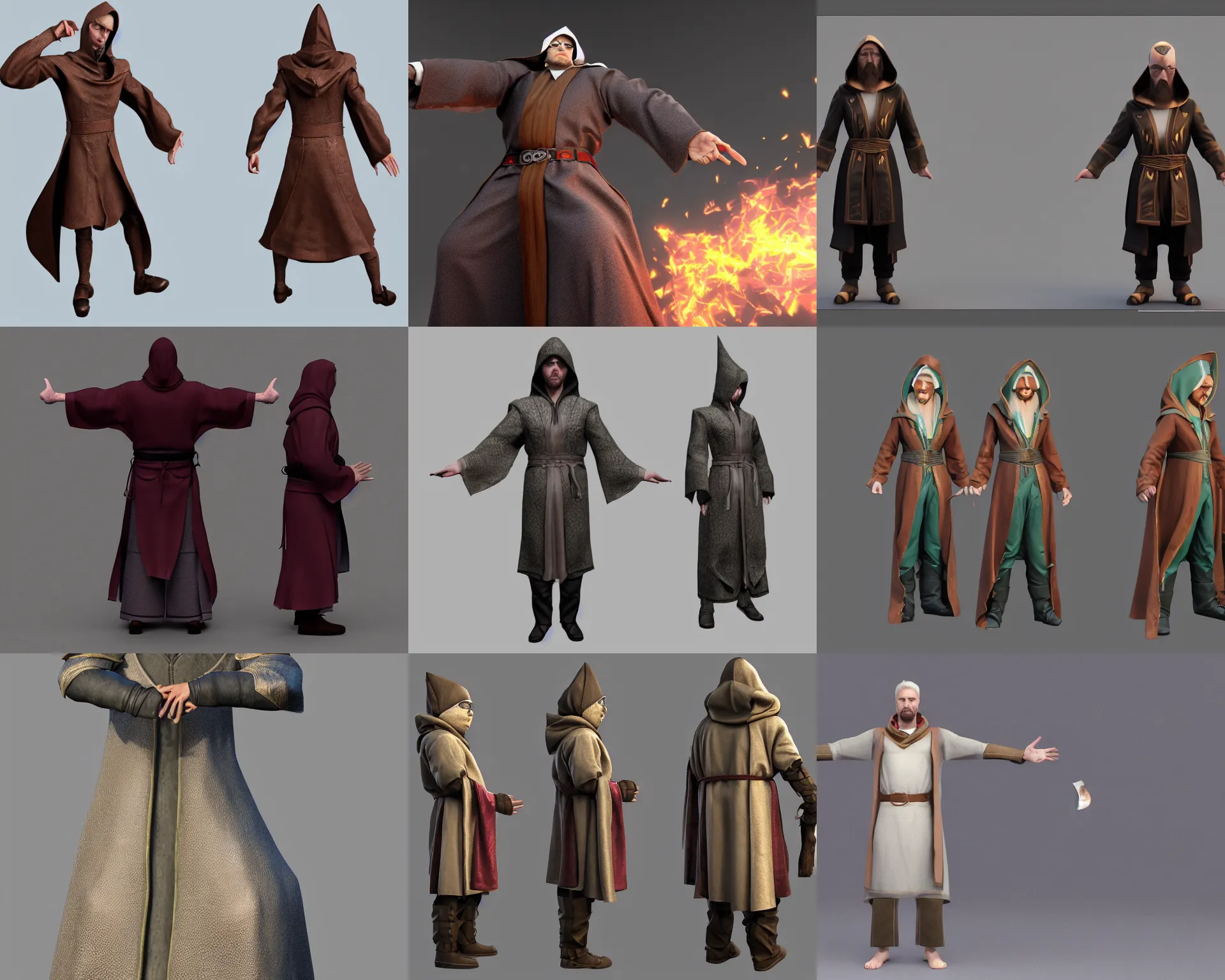 Prompt: t-pose of male magic wizard, potions, belt, robes, hood, detailed face, 3d model rigged, 3d character, TPose, 3d marketplace, front view, side view, character animation, fbx, character design sheet but 3d rendered, octane render, ray tracing, unreal engine 5, DAZ, zbrush, CGSociety, hyperdetailed, 8k ultra HD,