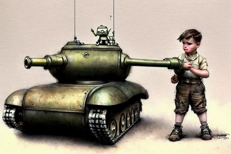 Prompt: (((((1950s boy and his small pet robot toy retro army tank . muted colors.))))) by Jean-Baptiste Monge !!!!!!!!!!!!!!!!!!!!!!!!!!!