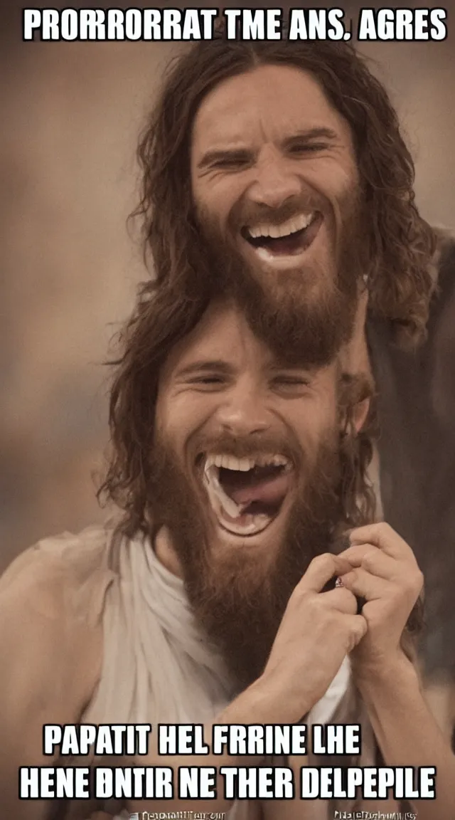 Prompt: portrait of one Jesus laughin because see a meme in him cellphone, no letters, one person