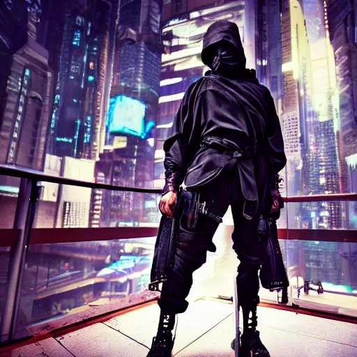 Image similar to photo of a cyberpunk ninja with weapons