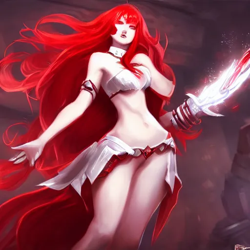 Image similar to a girl with red hair wearing red and white armor dress, white dress, arcane artwork, league of legends concept art, wallpaper