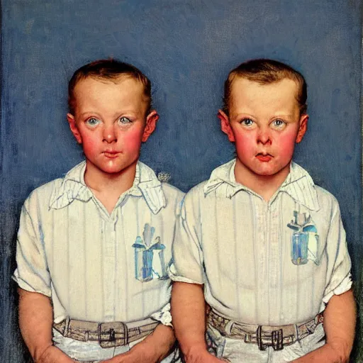 Image similar to Frontal portrait of adult triplets with ice blue eyes. Painting by Norman Rockwell.