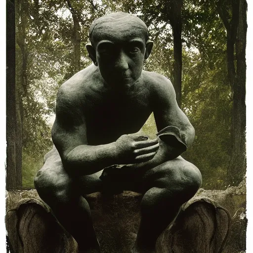 Image similar to toad philosopher The Thinker, swamp, by Auguste Rodin, symmetric, by Irving Penn, bokeh , top cinematic lighting , cinematic mood, very detailed, shot in canon