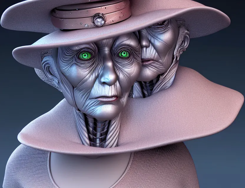 Image similar to cinematic bust portrait of robo face granny cyborg body, witch's hat on head, by jean giraud, 3 d, unreal engine