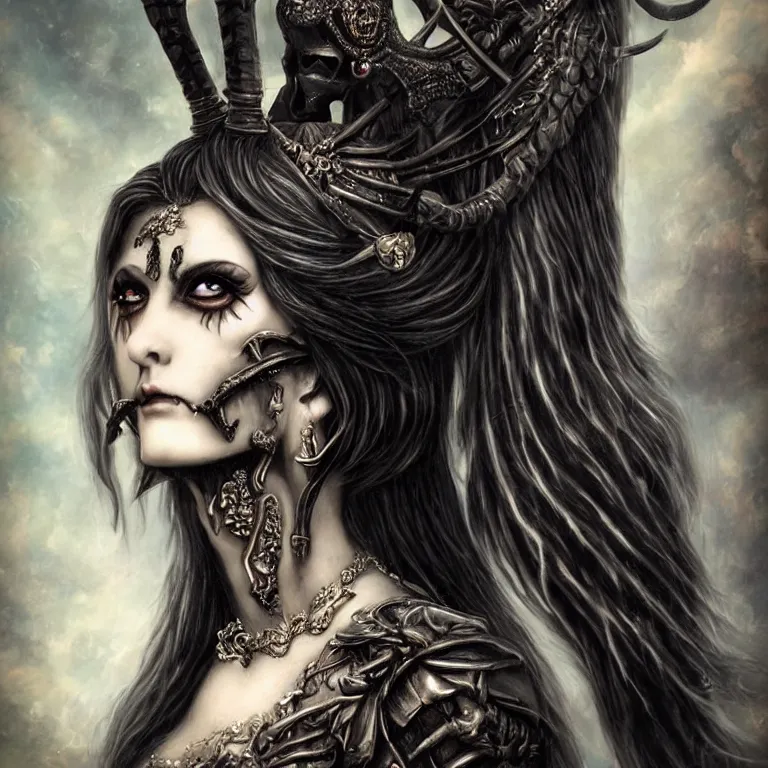 Image similar to perfectly centered close up portrait, candid photography, goddess of death, by anne stokes, updo, highly detailed, accurate