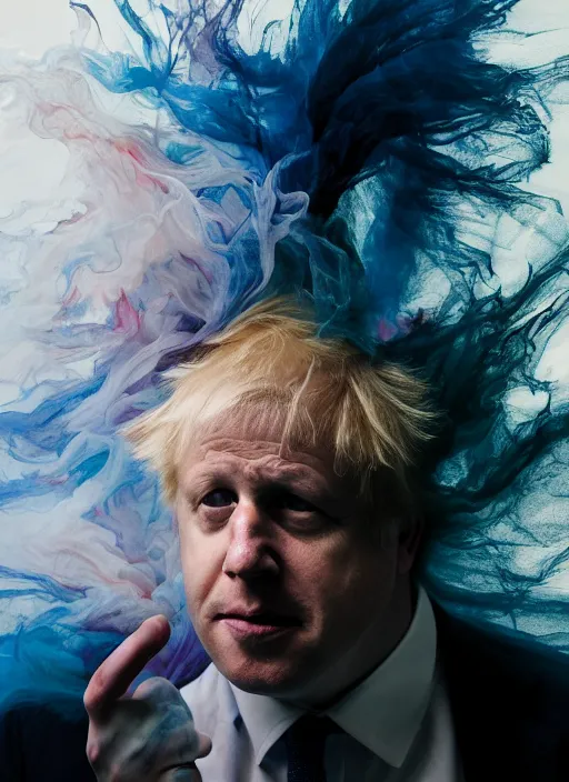 Prompt: boris johnson in a photorealistic dramatic hyperrealistic render of a beautiful smoke dancer by ken brower and deborah ory of nyc dance project, lois greenfield, flowing cloth and smoke colourful acrylic ink drop art, beautiful boris johnson dynamic dramatic dark moody lighting, volumetric, shadows, cinematic atmosphere, octane render, 8 k