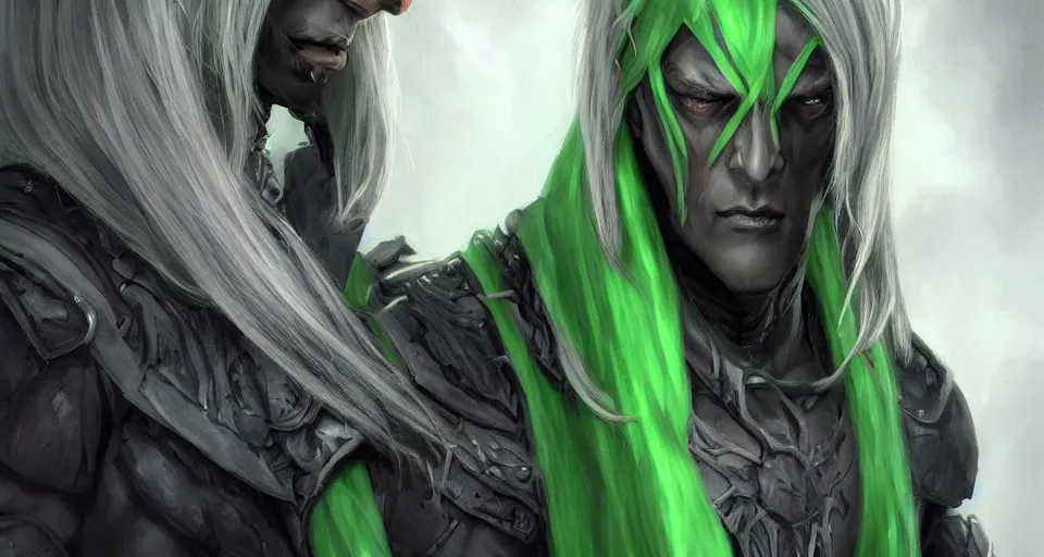 Prompt: a portrait of a dark elf, shown from the shoulders up. his skin is pale purple, and his hair is light grey. a dull green scarf is loosely looped around his neck, and the visible parts of his armor are dark brown. his eyes are hidden behind dark glasses. by artgerm, concept art, illustration, trending on artstation.