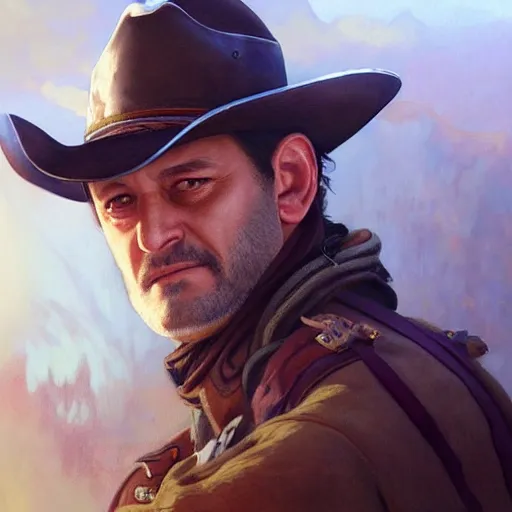 Image similar to Leo Varadkar as a cowboy, highly detailed, digital painting, cgsociety, concept art, sharp focus, illustration, art by artgerm and greg rutkowski and alphonse mucha,