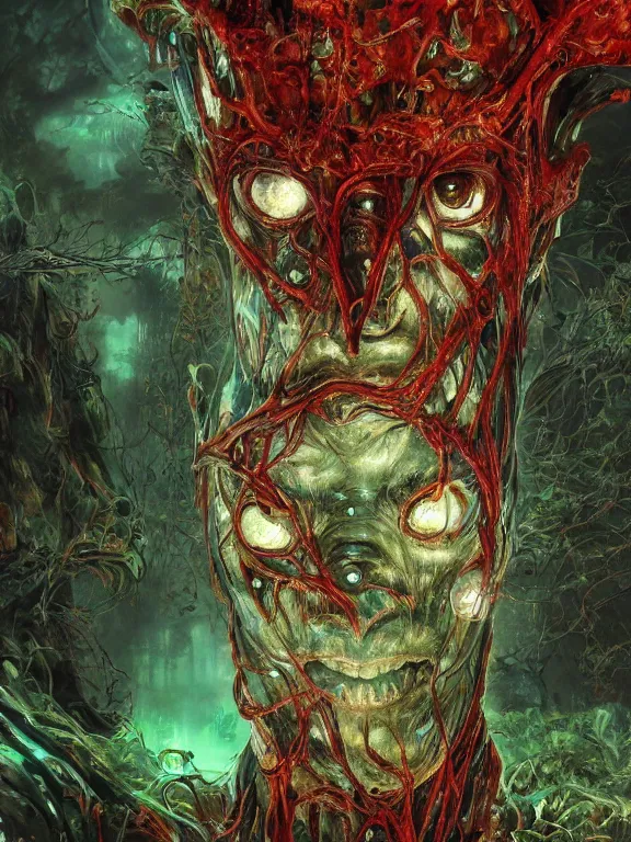 Prompt: closeup portrait of a living goo on a ( transparent cyborg leshy panther with glowing veins ), in alien forest crushed ship interior, cinematic light, backlight glow, red green, mist, by mikhail vrubel, by philippe druillet, by peter elson, by gerald brom, muted colors, extreme detail, trending on artstation, 8 k