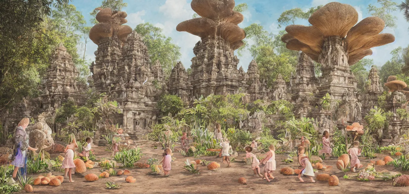 Prompt: botanical illustration of a single giant oyster mushroom surrounded by indonesian candi temples, with a few children playing around it, pastel hues, janne laine, outi heiskanen, gentle morning light