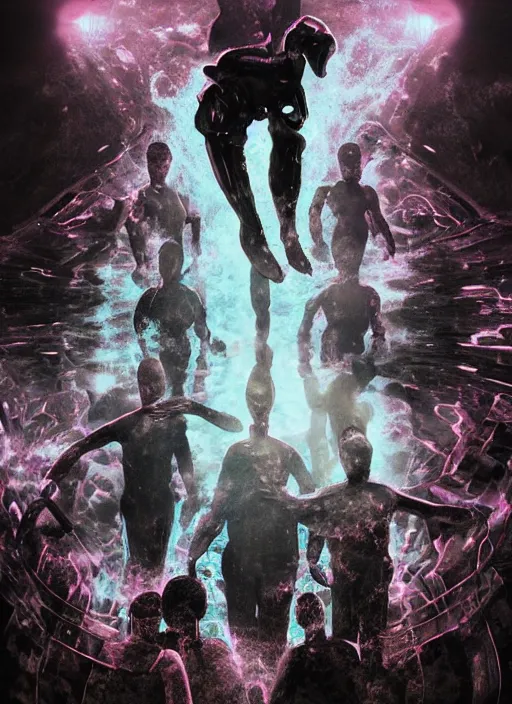 Prompt: astronauts in dark minimalists underwater pool - hyperdetailed suit. reflection and dispersion materials. rays and dispersion of light. volumetric light. 5 0 mm, f / 3 2. noise film photo. flash photography. ultra realistic, wide angle. poster by wayne barlowe, hajime sorayama aaron horkey, craig mullins. dark key.