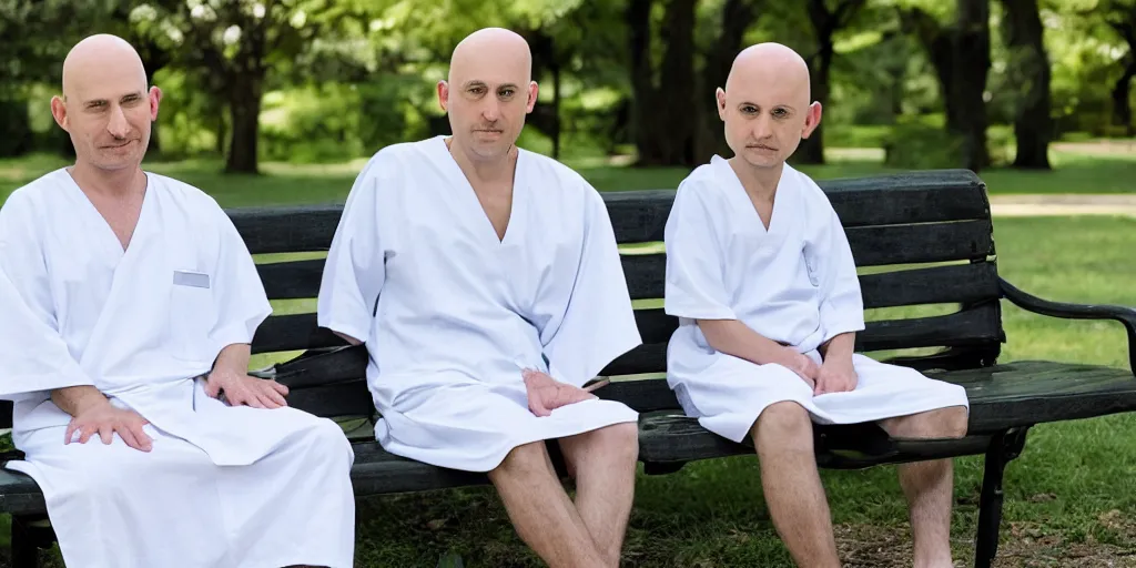 Prompt: A bald old man in a hospital gown and a bald kid sitting on a bench in the park .