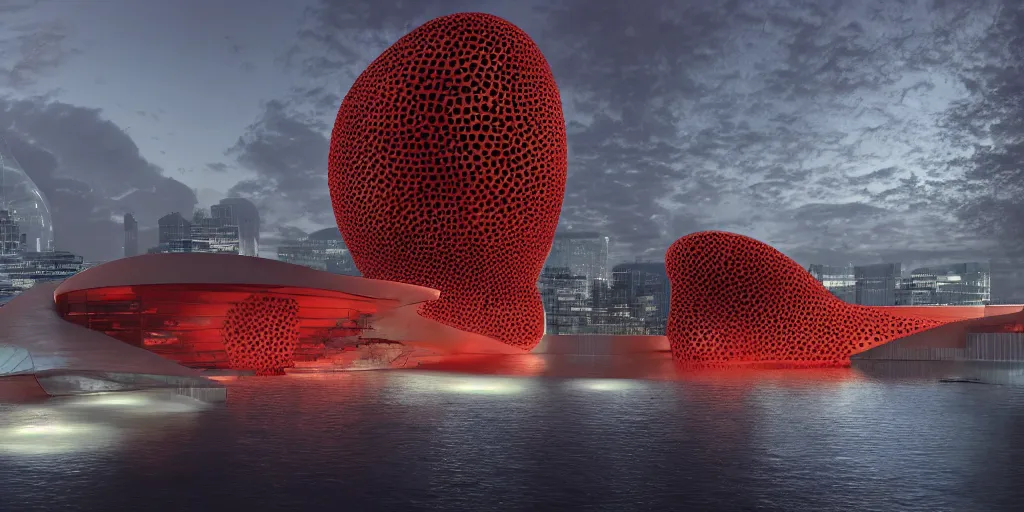 Prompt: An epic architectural rendering of a blob shaped trypophobia house with a mysterious red glow emitting from inside in a modern cityscape next to a river, by Zaha Hadid, stunning, gorgeous, golden ratio, photorealistic, featured on artstation, 4k resolution