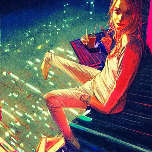 Prompt: a beautiful artwork of a woman in jeans and a white shirt smoking on the balcony of a hotel at night, top view, neon and rainy theme atmosphere by Jerome Opeña, featured on artstation