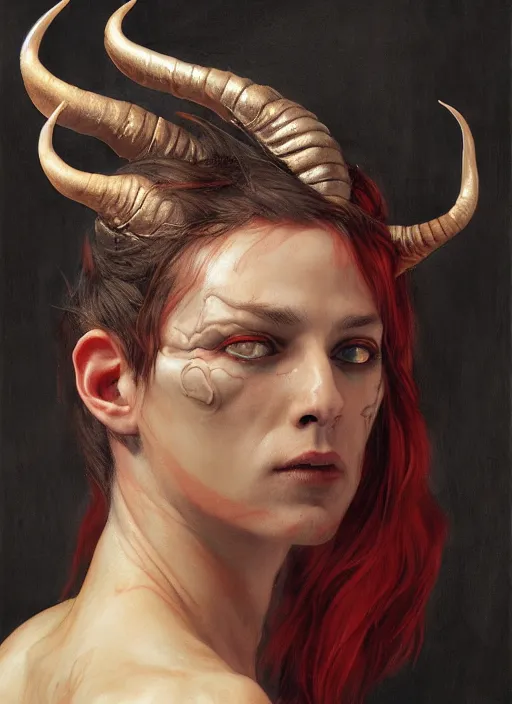 Prompt: half demon half human intricate skin, silicone cover, elegant, peaceful, full body, horns, hyper realistic, extremely detailed, dnd character art portrait, fantasy art, intricate fantasy painting, dramatic lighting, vivid colors, deviant art, artstation, by edgar maxence and caravaggio and michael whelan and delacroix.