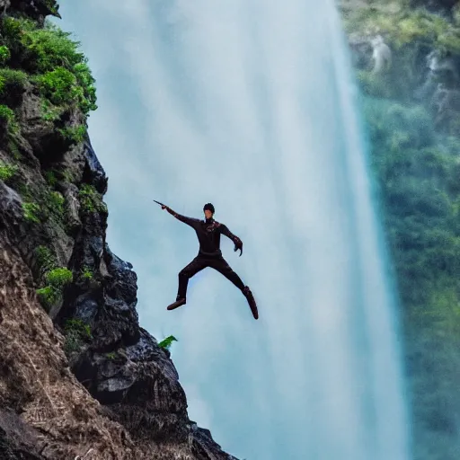 Image similar to man with sword jump of the cliff in front of the waterfall, dragons flying around, anime, realistic shot, nature, animal planet, superhero