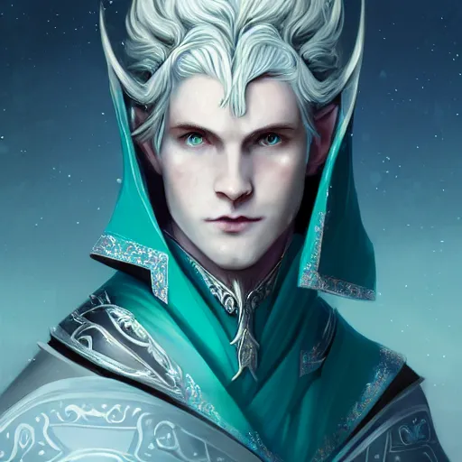 Prompt: half length portrait of a handsome male snow elf in a turquoise cape and silver ornate armour as an archer, albino skin, pale pointed ears, ethereal opalescent mist, moonlight snow, perfect face, elegant, very coherent symmetrical artwork, atmospheric lighting, rule of thirds, by wenjun lin, krenz cushart, charlie bowater, trending on artstation