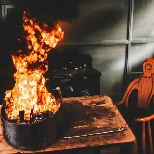 Image similar to a photograph of a big fire on a dining room on fire, only remains a wooden table and a chair (no fire at all there), an human-like relaxed dog sitting at this table, ☕ on the table, surrounded by flames, a lot of flames behind the dog, black smoke instead of the ceiling, no watermark