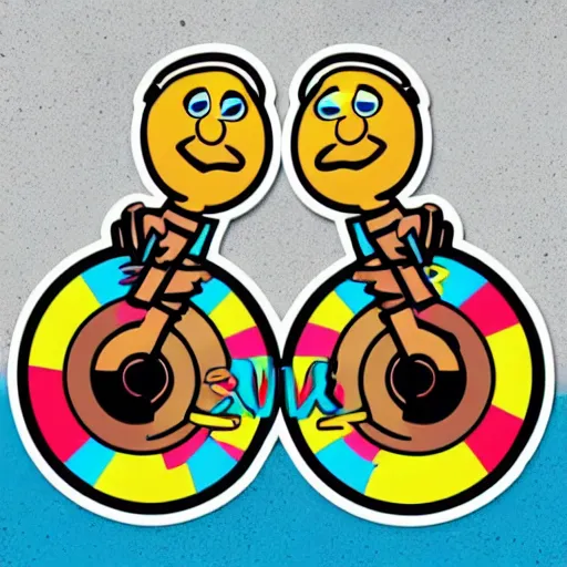 Image similar to svg sticker of a Pop-Wonder Bert&Ernie, Sesame-Street, at a rave, spinning records, giant headphones rocking out, wearing headphones, huge speakers, dancing, rave, DJ, spinning records, digital art, amazing composition, rule-of-thirds, award-winning, trending on artstation, featured on deviantart