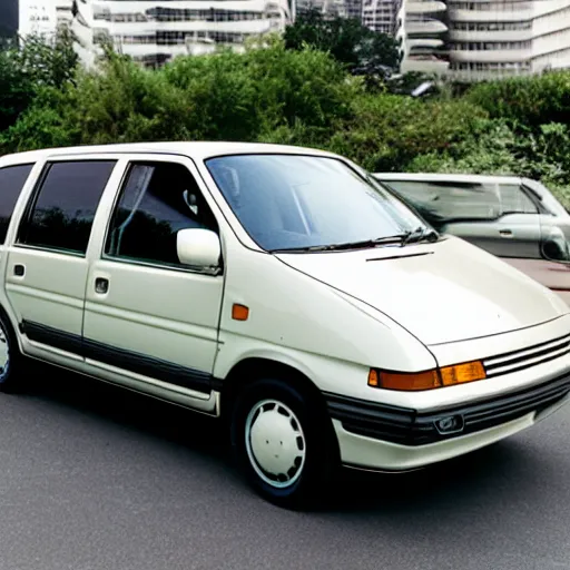 Prompt: rounded 1990s car Toyota Previa, 70mm flash photography