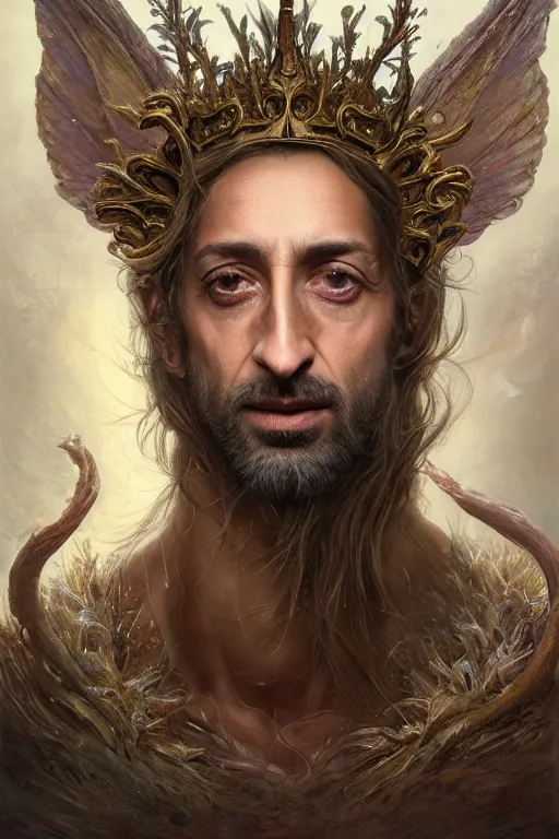 Image similar to upper body portrait shot of adrien brody as king oberon, fairy wings, lord of beasts, highly detailed, digital painting, artstation, concept art, soft focus, depth of field, artgerm, tomasz alen kopera, peter mohrbacher, donato giancola, wlop, boris vallejo