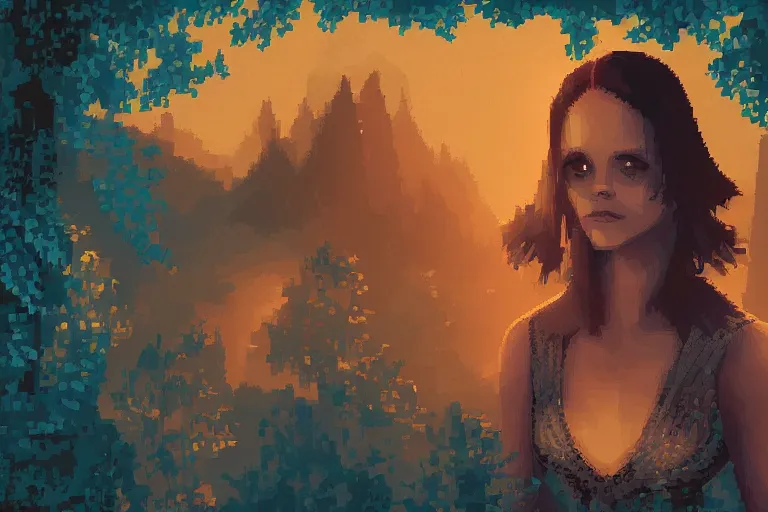 Image similar to christina ricci under the dark sun, beautiful detailed pixelart by albertov, intricate details, beautiful, dithered gradients, volumetric lighting, cgsociety, artstation, 2. 5 d illustration, dan mumford