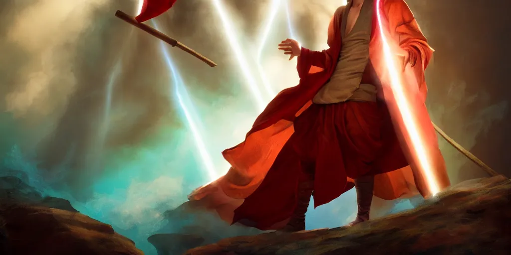 Prompt: a young caucasian male mage with a brown robe, he is casting a spell with blue and red colors. light rays, medium shot, waist up, sharp focus, bloom, dramatic lighting, very detailed, animation still by jason chan, john j. park, maciej kuciara and dan luvisi style