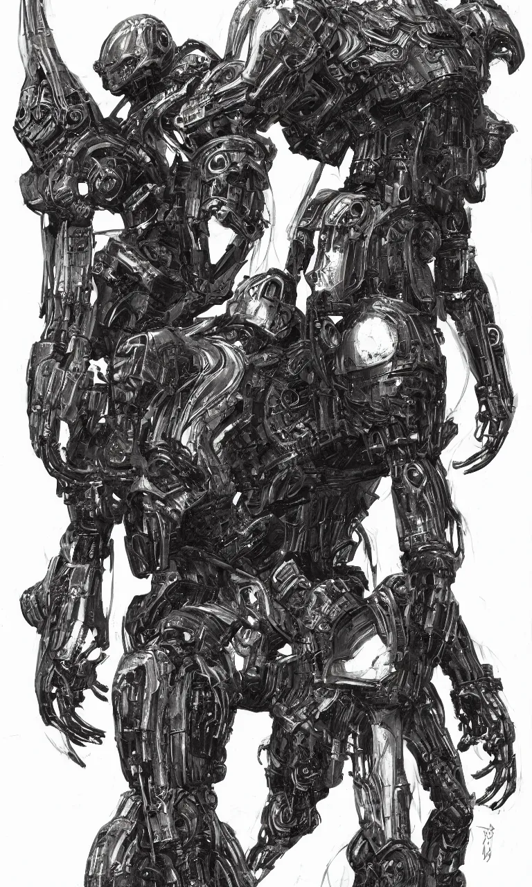 Prompt: full page scan of 1 7 0 0 concept art, a occult robot armor, character design, symmetrical fullbody rendering, bliblical, inspired by elden ring, by hr giger, sadan vague, yoji shinkawa, craig mullins, emil melmoth, artstation, highly detailed, 4 k post - processing, 8 k resolution + dof