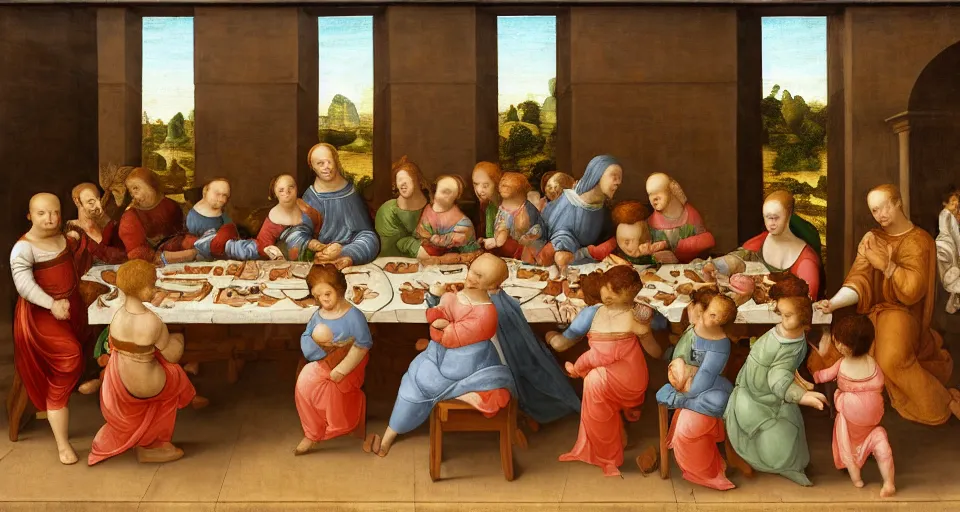 Image similar to a Renaissance painting in the style of Leonardo da Vinci of a symmetrical long table. A group of babies and toddlers are sitting at the table