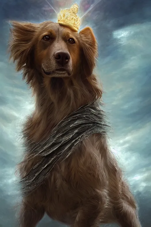 Image similar to Dog as a god with a radiant halo, detailed face, gorgeous, amazing, flowing hair, very muscular male body, partial anatomy, stormy background, caesar victorious, proud Emperor, crepuscular ray, intricate, highly detailed, 8K, digital painting, fantasy, artstation, concept art, sharp focus, over-shoulder shot, illustration, art by greg rutkowski beeple and alphonse mucha, jim burns