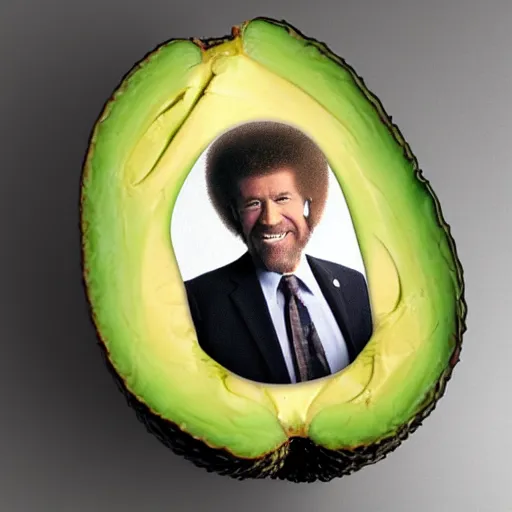 Image similar to bob ross as an embryo inside an avocado