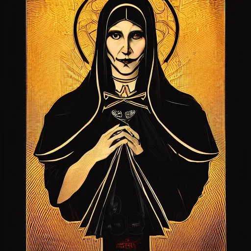Prompt: A Black background portrait of A zombie nun glowing black by greg rutkowsk and alphonse mucha,In style of digital art illustration.Dark Fantasy,Ray tracing,hyper detailed,sharp focus,Soft light.trending on artstation.4k