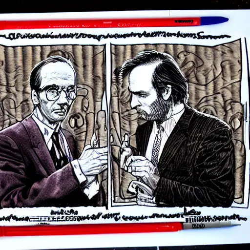 Image similar to The Artwork of R. Crumb and his Cheap Suit Saul-Goodman-Better-Call-Saul, pencil and colored marker artwork, trailer-trash lifestyle