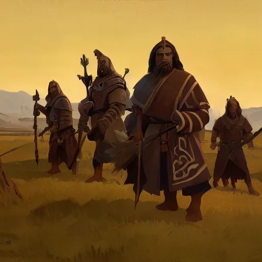 Prompt: slavic orcs in the steppe, orcs lord of the rings, orthodox, art by nicholas roerich and greg rutkowski, high resolution, trending on artstation,