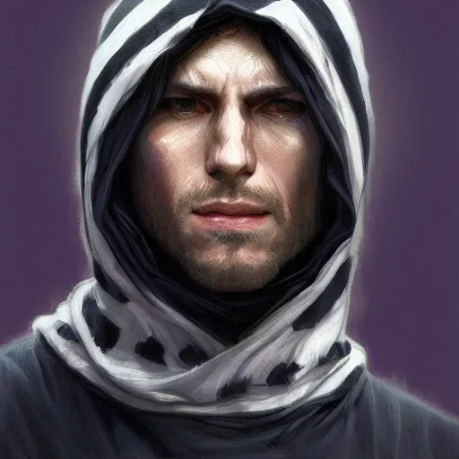 Image similar to ultra realistic illustration, man in a black hood, in a striped purple balaclava, mysterious, highly detailed, digital painting, artstation, concept art, smooth, sharp focus, illustration, art by artgerm and greg rutkowski and alphonse mucha