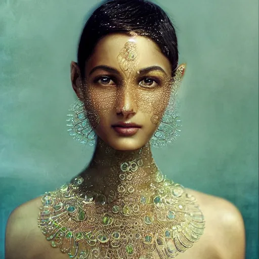 Prompt: full shot of a regal brown - skinned south asian woman wearing an intricate and detailed armor made of dew drops. dew drops around eyes. refracted light. morning dew. delicate. translucent. haunting eyes. vulnerable. fragile. ethereal. refracted light. by ray caesar. by louise dahl - wolfe. surreal photography.