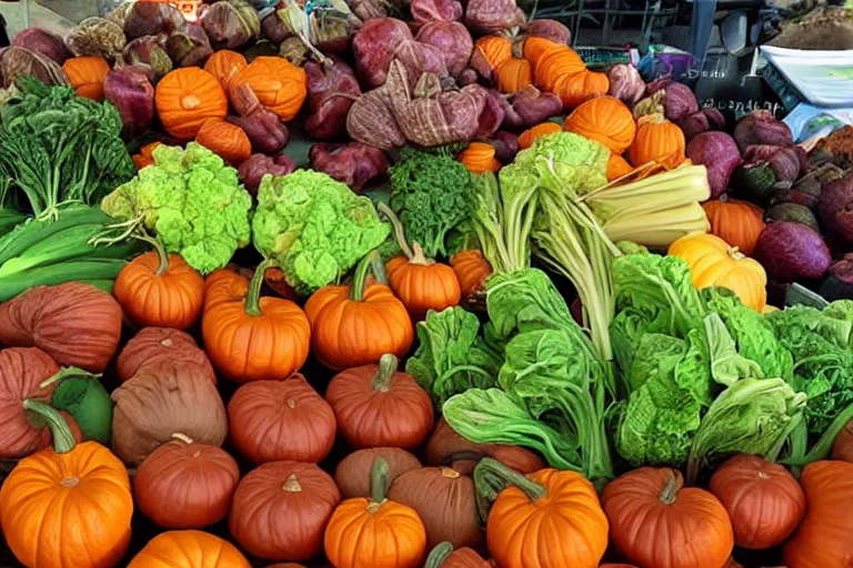 Prompt: photorealistic fall vegetables, beautifully displayed at a farmer's market