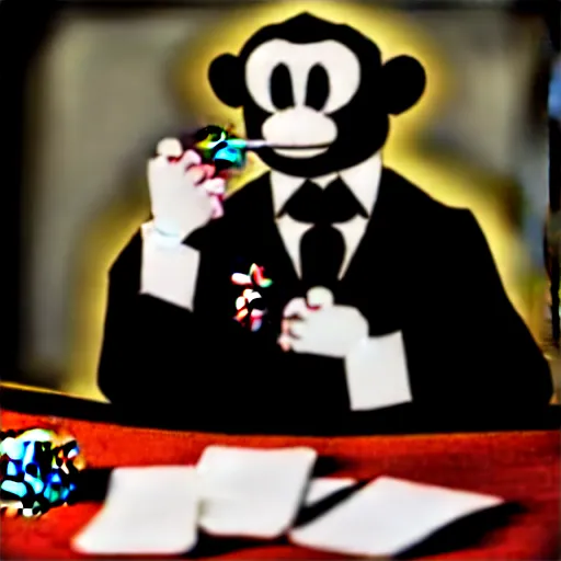 Image similar to monkey in a suit smoking a cigar and playing poker in a casino, 5 0 mm, black and white photo