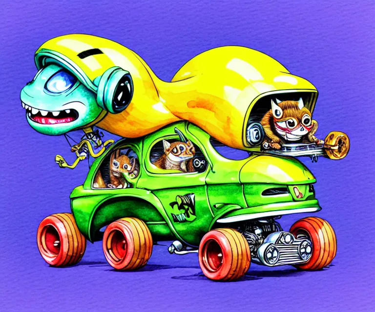 Image similar to cute and funny, margay wearing a helmet driving a tiny hot rod with an oversized engine, ratfink style by ed roth, centered award winning watercolor pen illustration, isometric illustration by chihiro iwasaki, edited by craola, tiny details by artgerm and watercolor girl, symmetrically isometrically centered