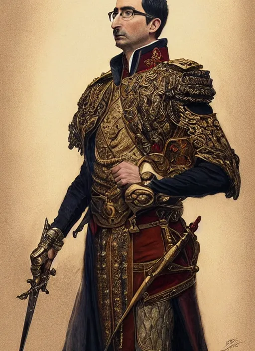 Image similar to portrait of lord john oliver as stoic king, royalty, extravagant, lord, full body, military uniform, fantasy, intricate, elegant, beautiful, highly detailed, charcoal, centered, dark, smokey, digital painting, artstation, concept art, art by artgerm and greg rutkowski and alphonse mucha