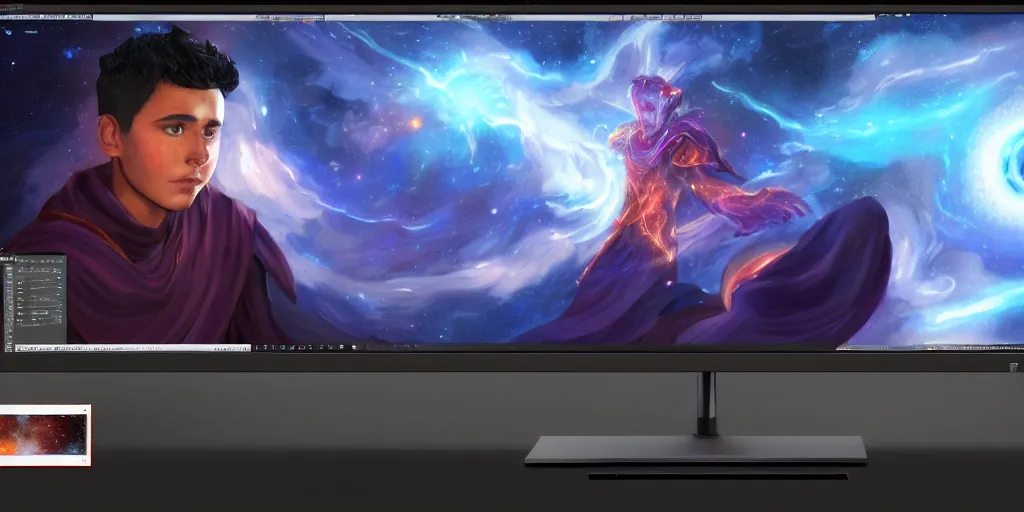 Image similar to a young mage creating a universe in his pc, a male mage in his 2 0 s with black hair sitting in front of wide monitor. hyperrealistic, extremely detailed, award - winning art, trending on artstation